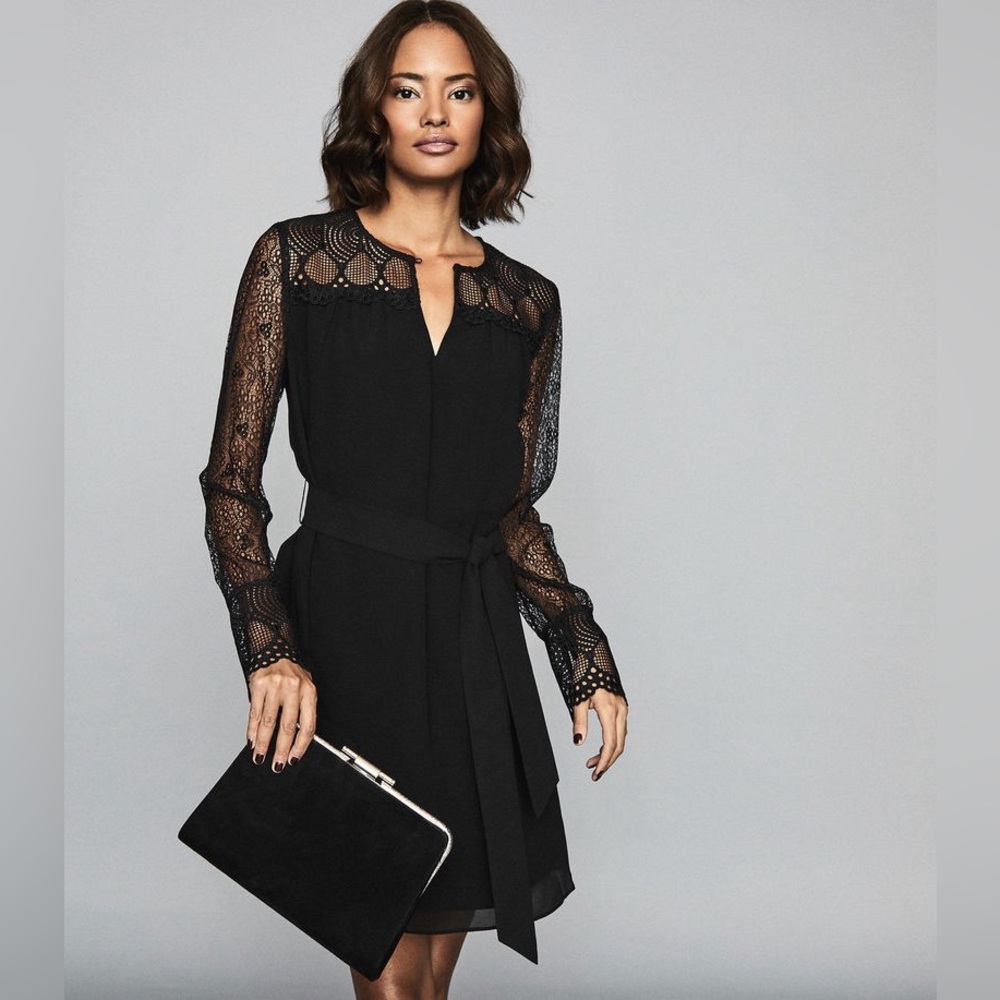 NWOT Reiss Black Long-Sleeve Lace Yoke Tie-Waist Dress